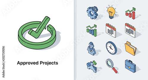 Fotografie Approved Projects and Business Management Isometric Icons Set