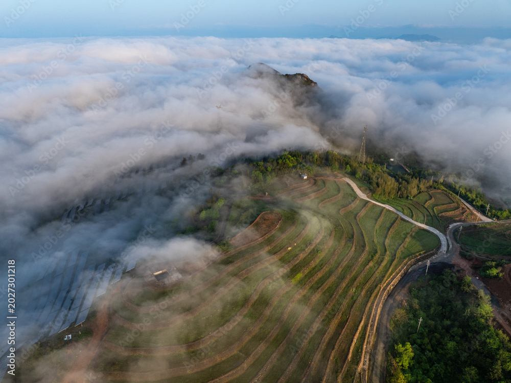 Fototapeta premium Aerial view of mountain terraced fields surrounded by sea of clouds and lush greenery