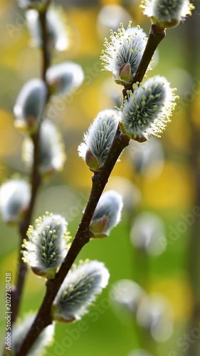 Close Up Of Pussy Willow Branches With Soft Yellow Sunlight And Green Blurred Background