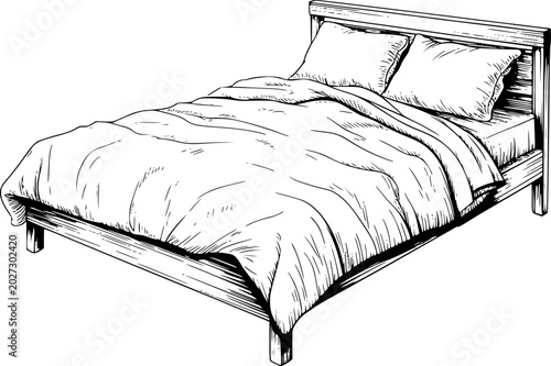 Fotografija Hand-drawn of a wooden bed with pillows and rumpled duvet, isolated white furnit