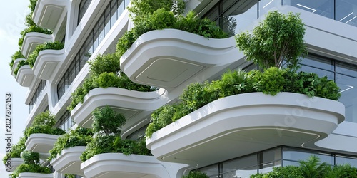 Modern futuristic skyscraper with curved wavy balconies fully covered in dense lush green plants bringing sustainable eco living to modern urban city