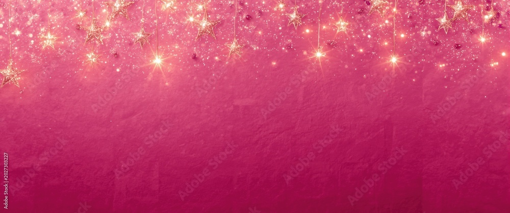 Fototapeta premium Cheerful magenta paper textured background with glittering decorative stars and lights