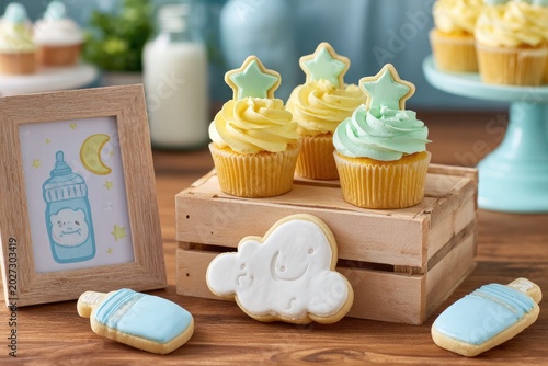 Sweet baby shower treats star, cloud, and bottle-shaped cookies and cupcakes
