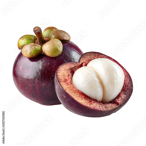 Whole mangosteen with half cut showing flesh isolated on transparent background