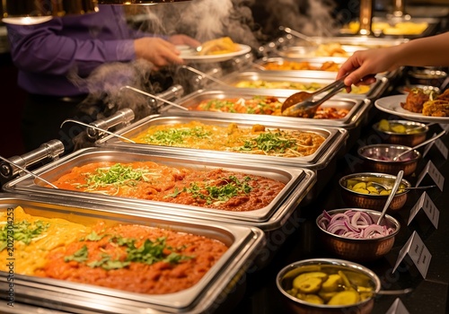 Abundant buffet spread with diverse hot dishes and fresh accompaniments presented in a restaurant setting