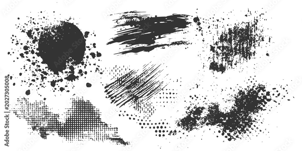Fototapeta premium Collection of black grunge design elements including ink splatters brush strokes and halftone dots vector illustration.