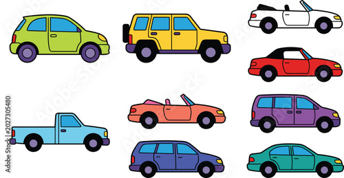 Cute Cartoon Car Collection Vector Illustration with Colorful Vehicles, Convertible Cars, Pickup Trucks, and Transportation Design Elements