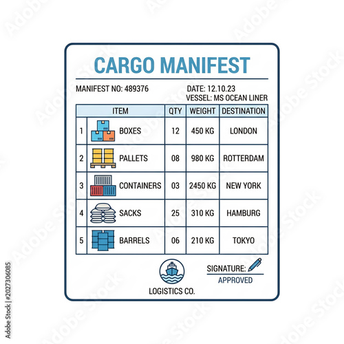 Cargo manifest document with shipping details and freight information in outline style.