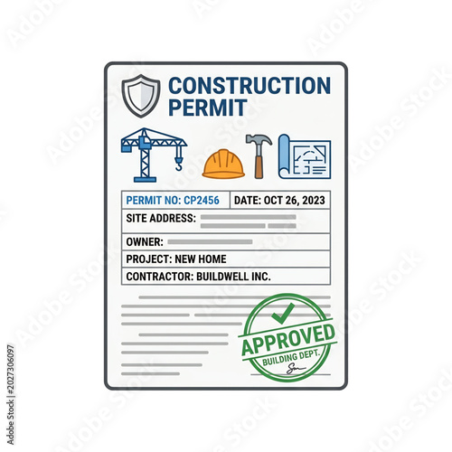 Construction permit document with approval stamp and project information.