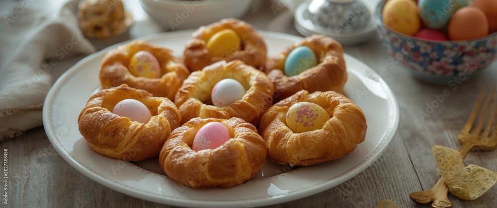 Fototapeta premium A delightful plate of yeast pastries decorated with assorted colorful eggs on a table
