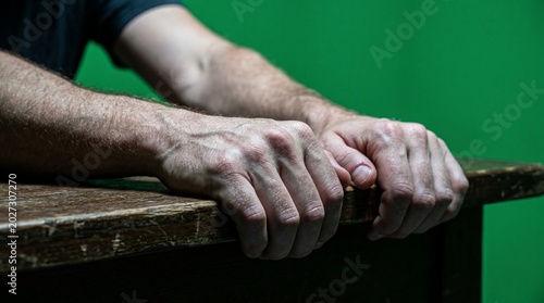 Foto Elderly hands resting on wooden cane in dimly lit indoor setting with contemplat
