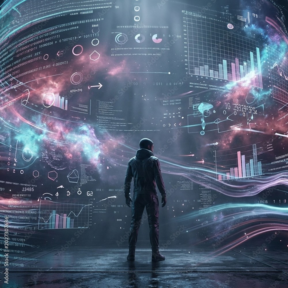 Fototapeta premium Futuristic Data Center and Server Room with Glowing Blue Hologram Global Cyber Network and AI Interface