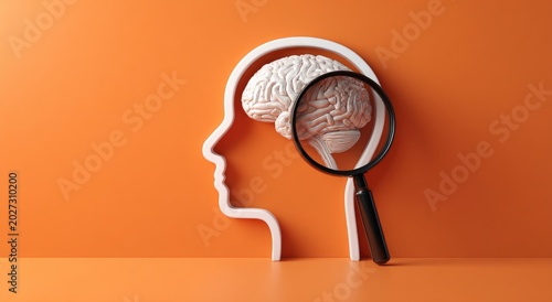 A magnified brain within a human head outline, on an orange background