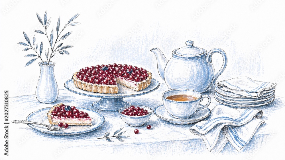 Fototapeta premium Tea setting with berry tart, teapot, teacup, plates, napkins and small bowls of berries.