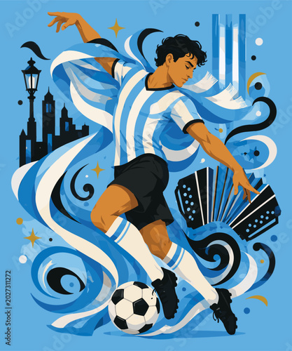 Bild auf Leinwand Argentina soccer player dancing tango with bandoneon vector illustration