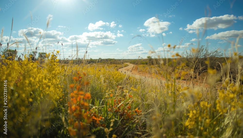 Fototapeta premium Bright abstract outback vista with a variety of vibrant plants and a snaking dirt path under a brilliant blue sky