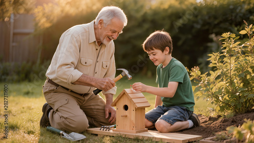 Happy Grandfather and Grandson Building a Wooden Birdhouse in Backyard