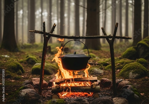 Rustic camping scene with a black cauldron suspended over a crackling campfire in a misty forest environment