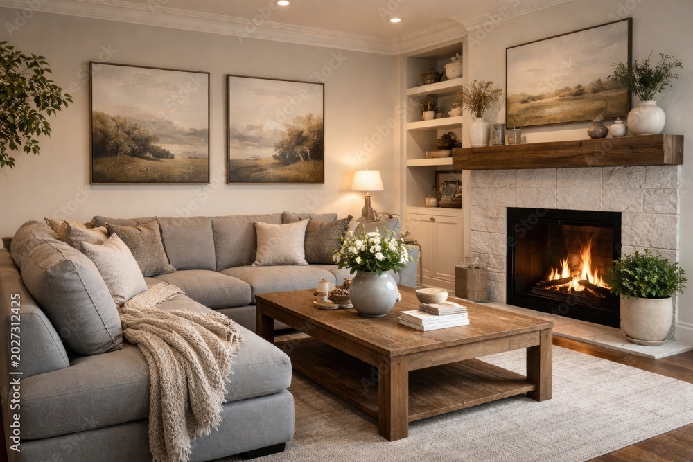 Fototapeta premium Inviting living space showcasing a wooden table adjacent to a grey corner settee with wall art and fireplace