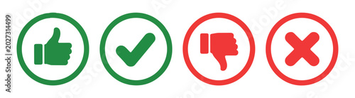 Quadro su tela Evaluation icons with thumbs up and down checkmark and cross symbols in green and red circle buttons