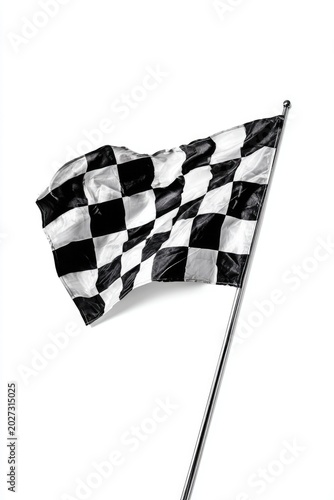 Black and white checkered flag waving on a pole against white background