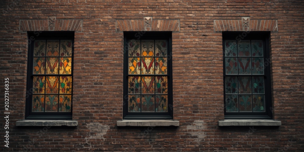 Obraz premium Building facade showcasing colorful stained glass and textured brick walls