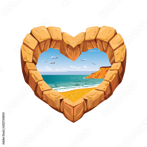 Heart shaped stone arch framing a beach scene with ocean and blue sky view