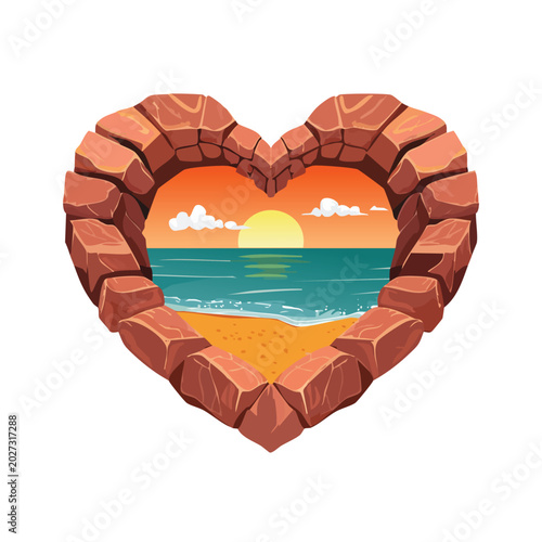 Heart shaped stone frame with seascape view during sunset on white background