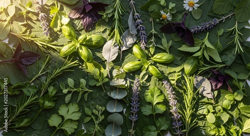 Assorted fresh garden herbs in bright natural sunlight
