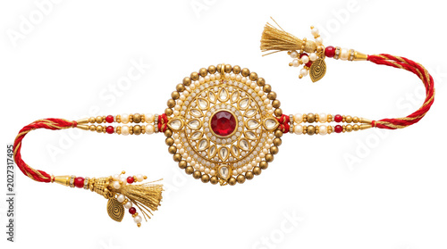 Traditional indian rakhi bracelet with red stone and pearls isolated on transparent background