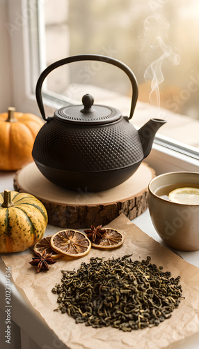 Cozy autumn still life with cast iron teapot and pumpkins by window