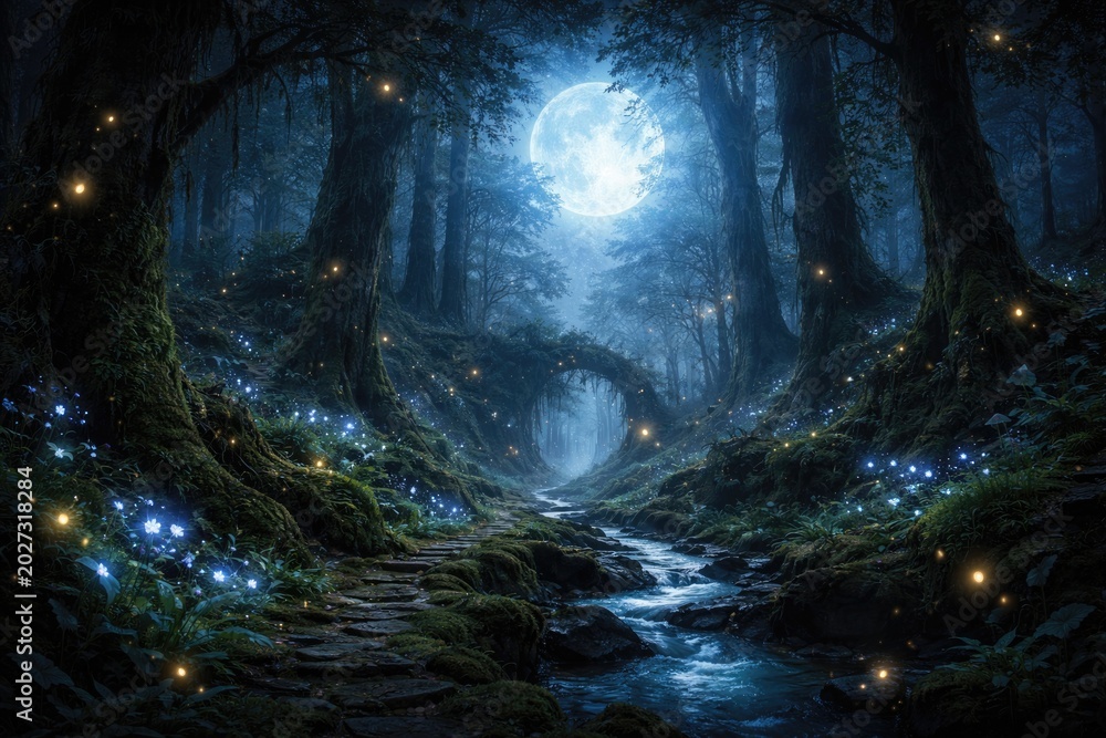 Fototapeta premium Mysterious enchanted forest view with glowing moonlight and fairy tale fantasy mood