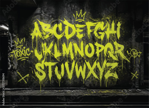 Toxic yellow graffiti font alphabet on dark wall, horror street art typography with dripping letters for t-shirt design