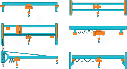 Tableau sur toile Collection of flat design overhead crane and hoist vector illustrations depictin