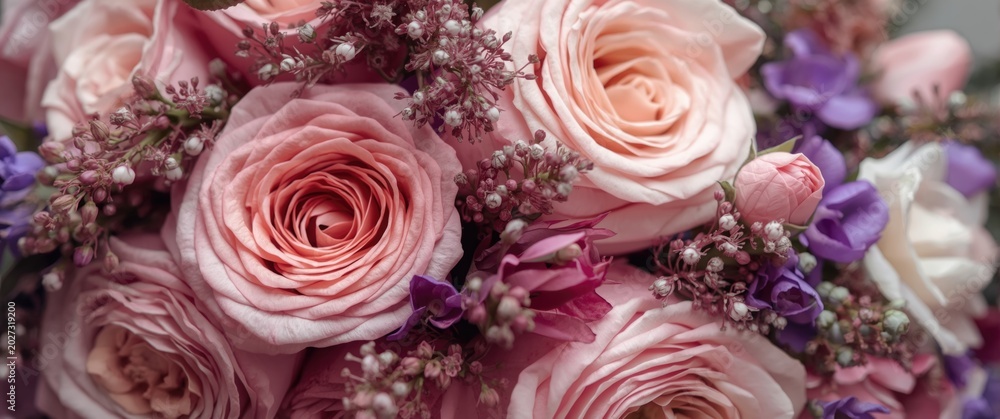 Fototapeta premium Bridal Bouquet Close-Up Delicate Pink and Purple Blooms, Oil Painting Style