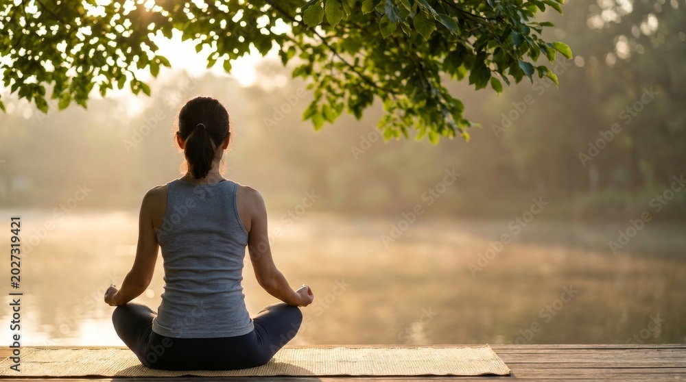 Fototapeta premium Beautiful woman practicing yoga waterfront in the park. Back view of young woman meditating by a peaceful lake under green leaves in morning sunlight, with clear copy space