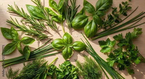 Assorted fresh herbs on wooden board in bright sunlight