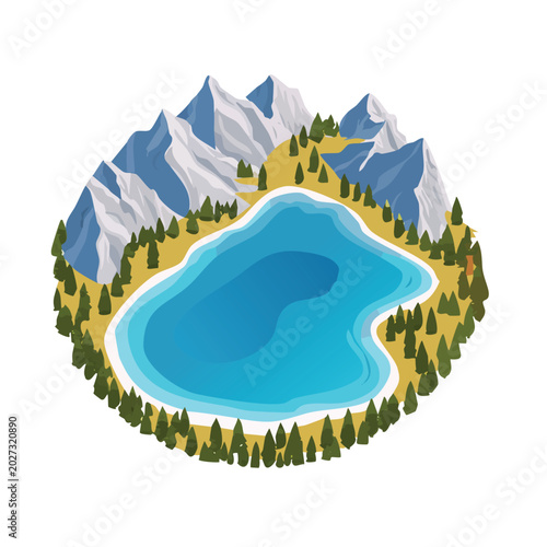 Illustrated mountain lake landscape with trees and surrounding environment