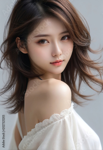 A portrait of a beautiful young woman looking back. Beautiful natural face, beauty image. 
振り返る美しい若い女性のポートレート。美しい素顔、美容イメージ。