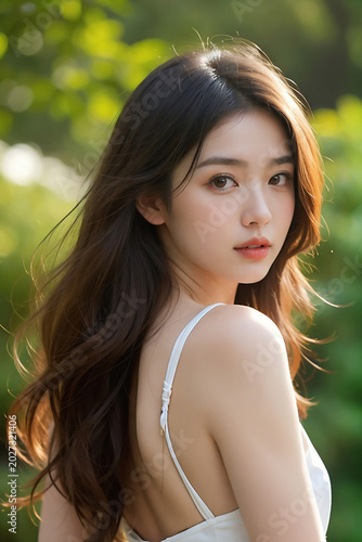 A portrait of a beautiful young woman looking back. Beautiful natural face, beauty image. 
振り返る美しい若い女性のポートレート。美しい素顔、美容イメージ。
