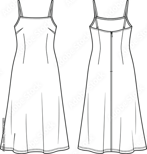 Women sleeveless midi dress fashion technical sketch with front and back view clothing vector illustration