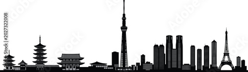 Photos Tokyo city skyline black silhouette vector illustration featuring traditional pa