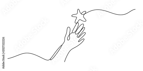 Fotografía One continuous line drawing of a human hand reaching up to touch a shining star