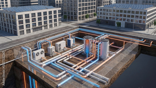 Underground geothermal heat pump system cross section beneath modern city buildings with pipes tanks and water reservoir showcasing sustainable heating cooling infrastructure technology concept