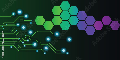 Abstract technology background with circuit board lines and glowing hexagonal shapes representing digital data connection vector illustration