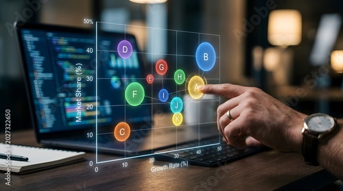 Market growth in revenue on laptop screen with user interacting, digital marketing analytics and sales performance concept