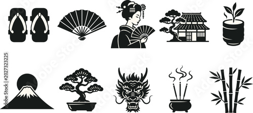 Quadro su tela Traditional Japanese culture black silhouette icons set featuring geisha woman b