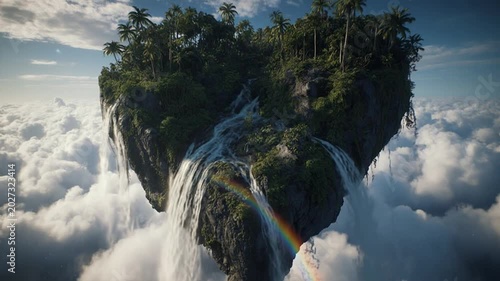 Floating Heart Shaped Island Above Clouds with Waterfalls – Epic Cinematic Fantasy Landscape
