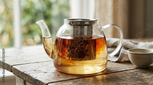Glass teapot with stainless steel infuser brewing fresh herbal tea leaves. Hot aromatic drink on rustic wooden table near window. Traditional tea ritual, morning break, cozy home.