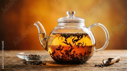 Glass teapot with blooming tea leaves on rustic wooden table. Hot aromatic herbal beverage brewing in transparent kettle. Traditional tea ceremony and healthy calm relaxation drink.